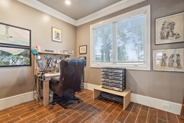 home office featuring crown molding