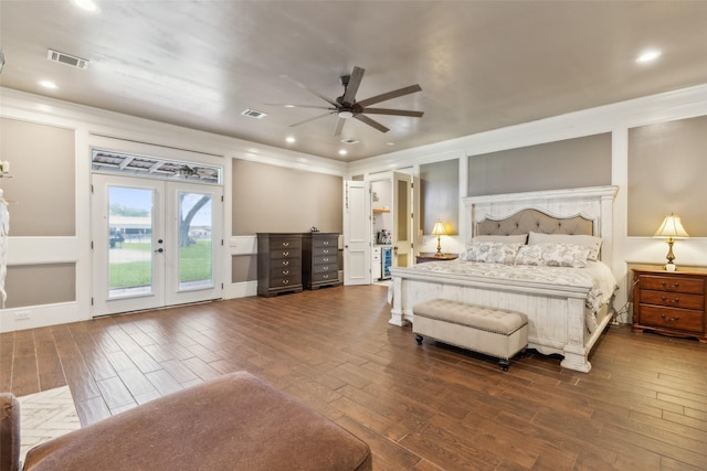 bedroom featuring ceiling fan, dark hardwood / wood-style flooring, french doors, and access to exterior