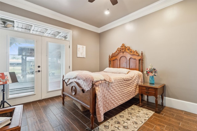 bedroom with ceiling fan, french doors, crown molding, and access to exterior