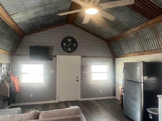 living room featuring dark hardwood / wood-style flooring, high vaulted ceiling, ceiling fan, and a wealth of natural light