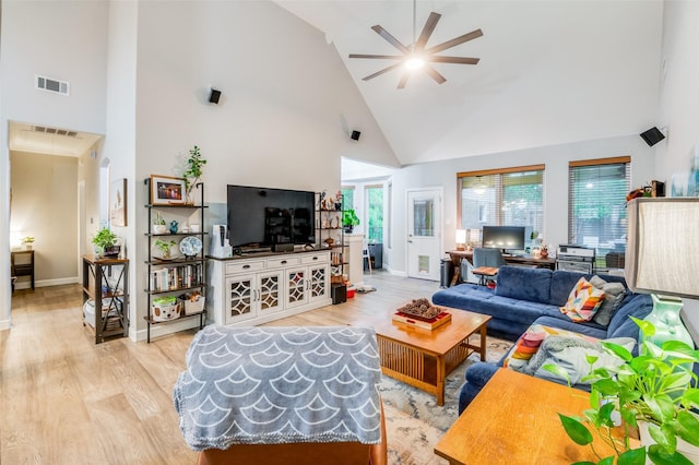 living room featuring light hardwood / wood-style floors, high vaulted ceiling, and ceiling fan