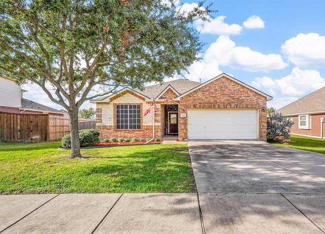 ranch-style home featuring a front yard and a garage