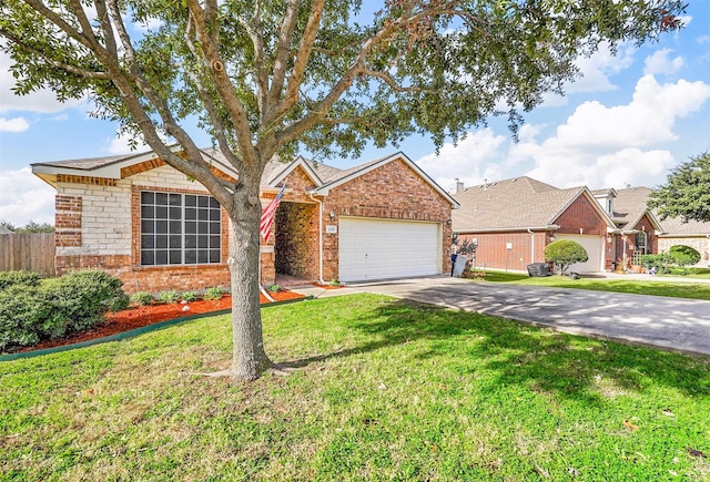 ranch-style home featuring a garage and a front lawn