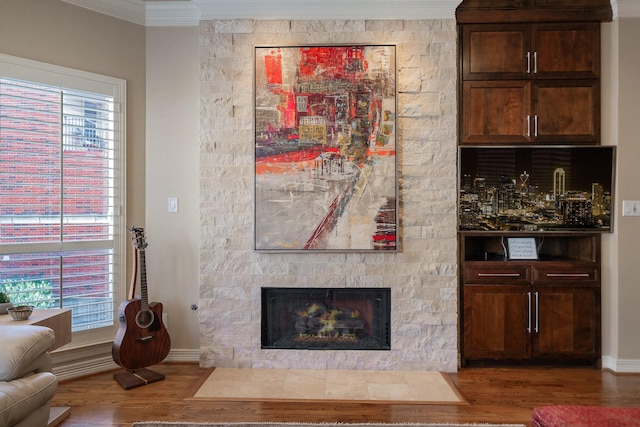 living room with hardwood / wood-style flooring and a stone fireplace