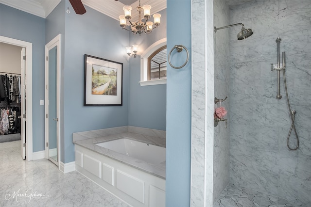 bathroom with a chandelier, plus walk in shower, and ornamental molding