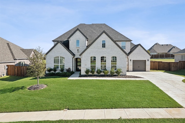 french provincial home featuring a front yard and a garage