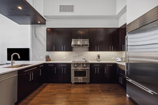 kitchen with sink, high end appliances, backsplash, dark brown cabinets, and extractor fan