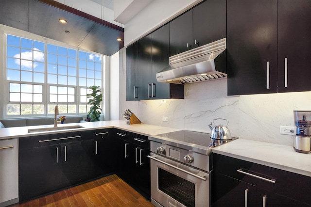 kitchen featuring sink, appliances with stainless steel finishes, tasteful backsplash, exhaust hood, and dark wood-type flooring