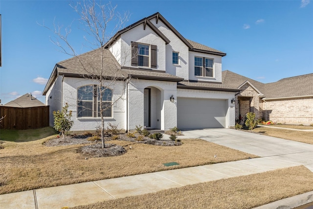 view of front of property with a front yard and a garage