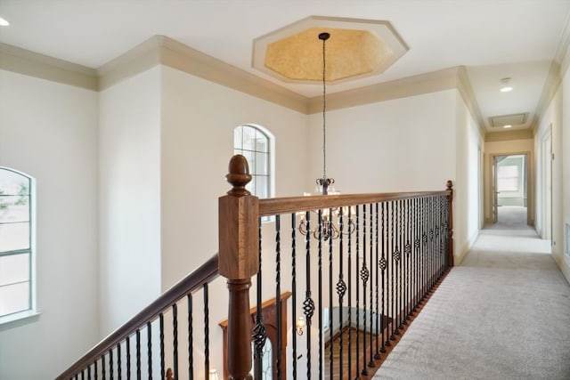 hall with ornamental molding, an inviting chandelier, plenty of natural light, and carpet flooring