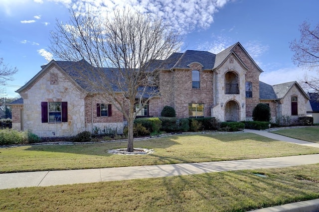 french provincial home with a front lawn