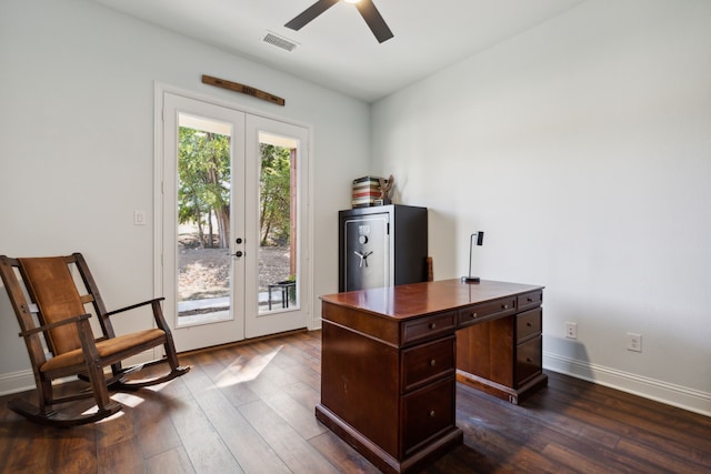 office area featuring ceiling fan, french doors, and dark hardwood / wood-style floors