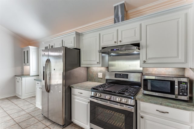 kitchen with stainless steel appliances, crown molding, light tile patterned floors, white cabinets, and backsplash