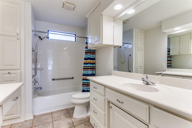 full bathroom with toilet, tile patterned flooring, shower / tub combo, and vanity