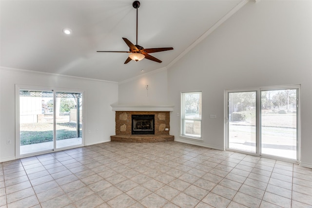 unfurnished living room with high vaulted ceiling, light tile patterned flooring, ceiling fan, and crown molding