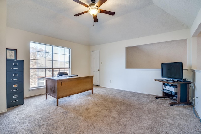 office with lofted ceiling, light carpet, a textured ceiling, and ceiling fan