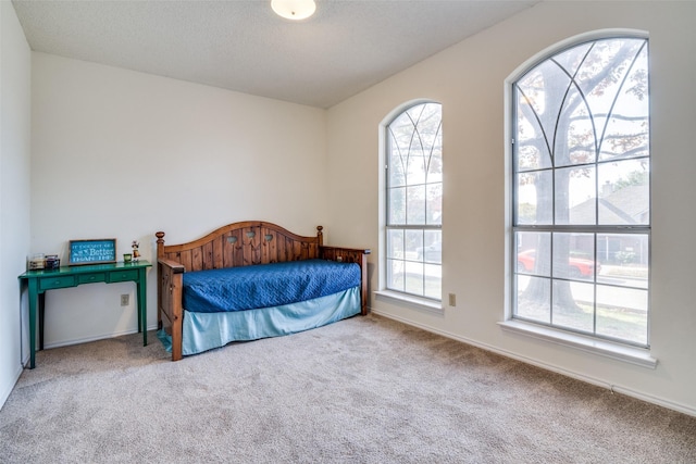 bedroom featuring light carpet and a textured ceiling