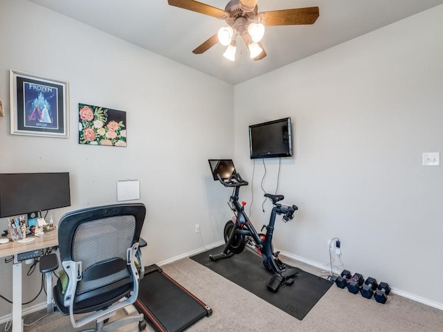 exercise area with ceiling fan and carpet flooring