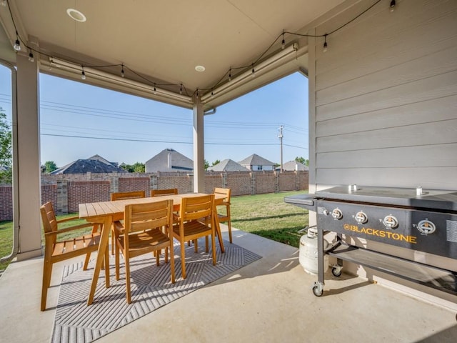 view of patio / terrace featuring a mountain view