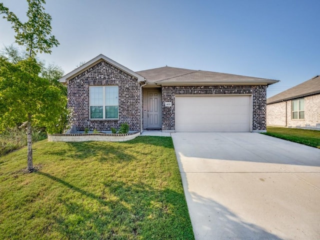 ranch-style house with a garage and a front yard