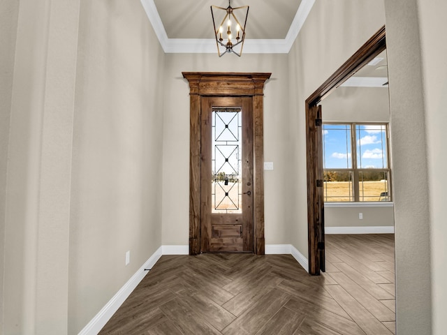 entryway with an inviting chandelier, parquet flooring, and crown molding