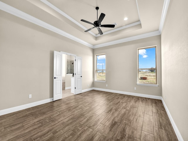 spare room with ceiling fan, a raised ceiling, ornamental molding, and a wealth of natural light