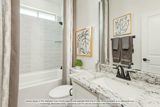 full bathroom featuring vanity, tiled shower / bath combo, and toilet