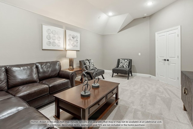 carpeted living room with lofted ceiling