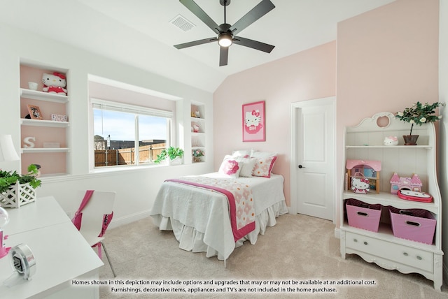 bedroom featuring ceiling fan, light colored carpet, and lofted ceiling