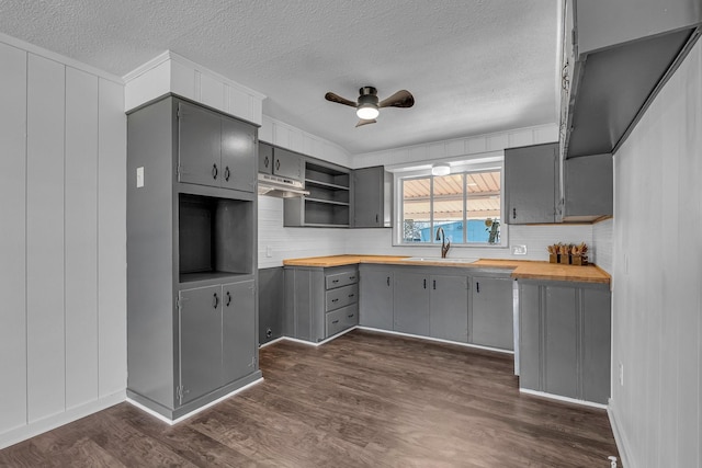 kitchen with butcher block counters, ceiling fan, dark hardwood / wood-style floors, and gray cabinets