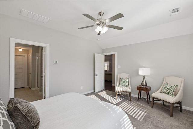 carpeted bedroom with lofted ceiling and ceiling fan