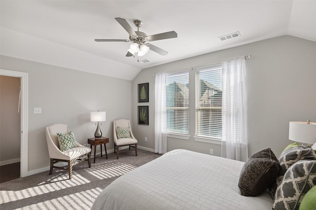 carpeted bedroom with lofted ceiling and ceiling fan