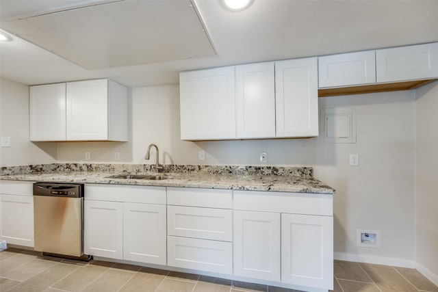 kitchen featuring sink, white cabinetry, stainless steel dishwasher, and light stone countertops