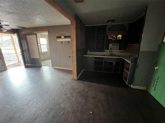 kitchen with dark wood-type flooring, ceiling fan, and sink