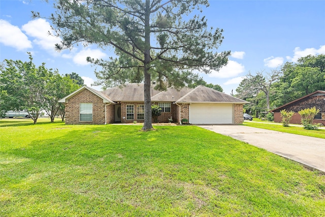 ranch-style house with a garage and a front lawn