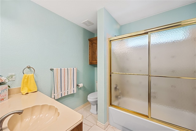 full bathroom with tile patterned floors, combined bath / shower with glass door, radiator, toilet, and vanity