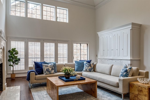 living room with a high ceiling, dark wood-type flooring, and ornamental molding