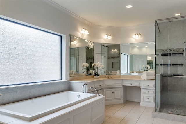 bathroom with crown molding, tile patterned floors, plus walk in shower, and vanity