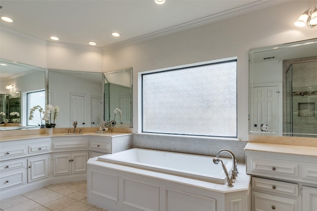 bathroom featuring ornamental molding, separate shower and tub, tile patterned flooring, and vanity