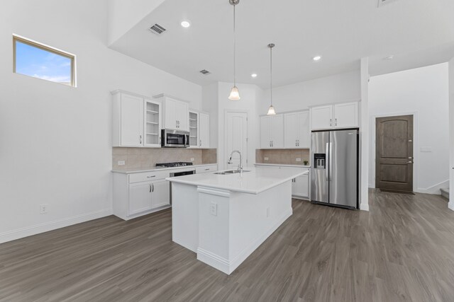 kitchen featuring stainless steel appliances, a kitchen island with sink, white cabinetry, and sink