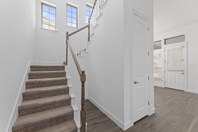 stairway with hardwood / wood-style floors