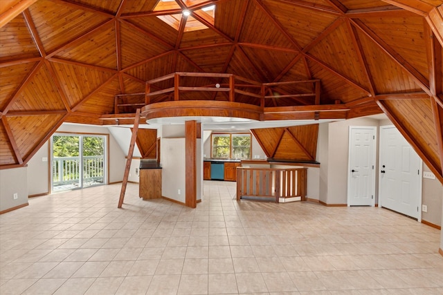 unfurnished living room with light tile patterned floors and wood ceiling