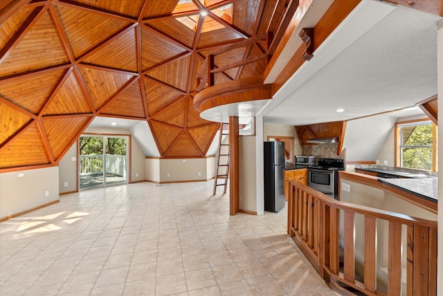 kitchen featuring stainless steel appliances, light tile patterned floors, wood ceiling, backsplash, and ventilation hood