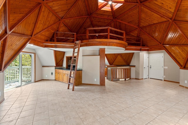 unfurnished living room featuring wooden ceiling and light tile patterned flooring