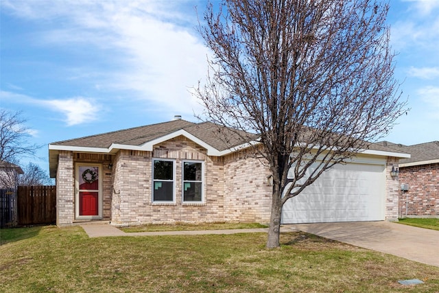 single story home with a front yard and a garage