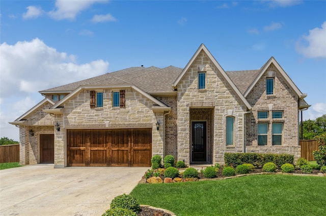 view of front of home with a front lawn and a garage