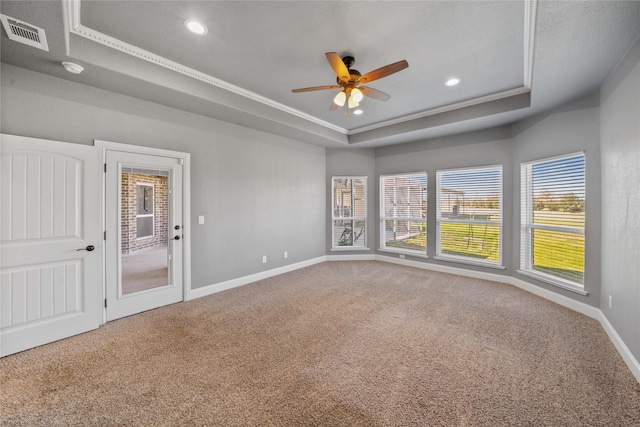 empty room featuring ceiling fan, a wealth of natural light, carpet flooring, and a tray ceiling