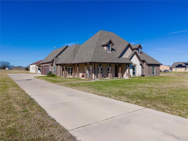 view of front of house with a garage, a porch, and a front lawn