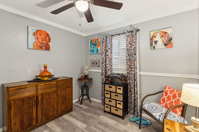 living area featuring ornamental molding, light wood-type flooring, ceiling fan, and a textured ceiling