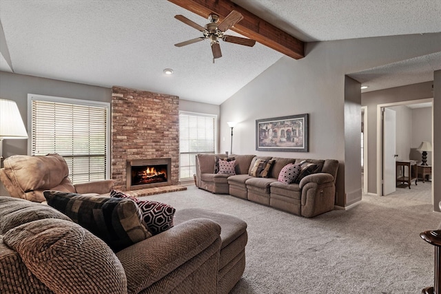 living room featuring a brick fireplace, a textured ceiling, vaulted ceiling with beams, and light colored carpet